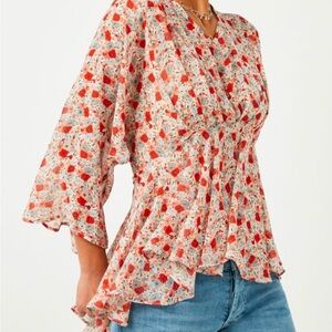 Floral Red Peplum Women's Top